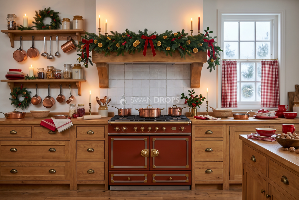 Fond photo Cuivre et sapin de la collection Noel cuisine 2026 - rouge brique, chêne, cuivre - portrait enfant Noël
