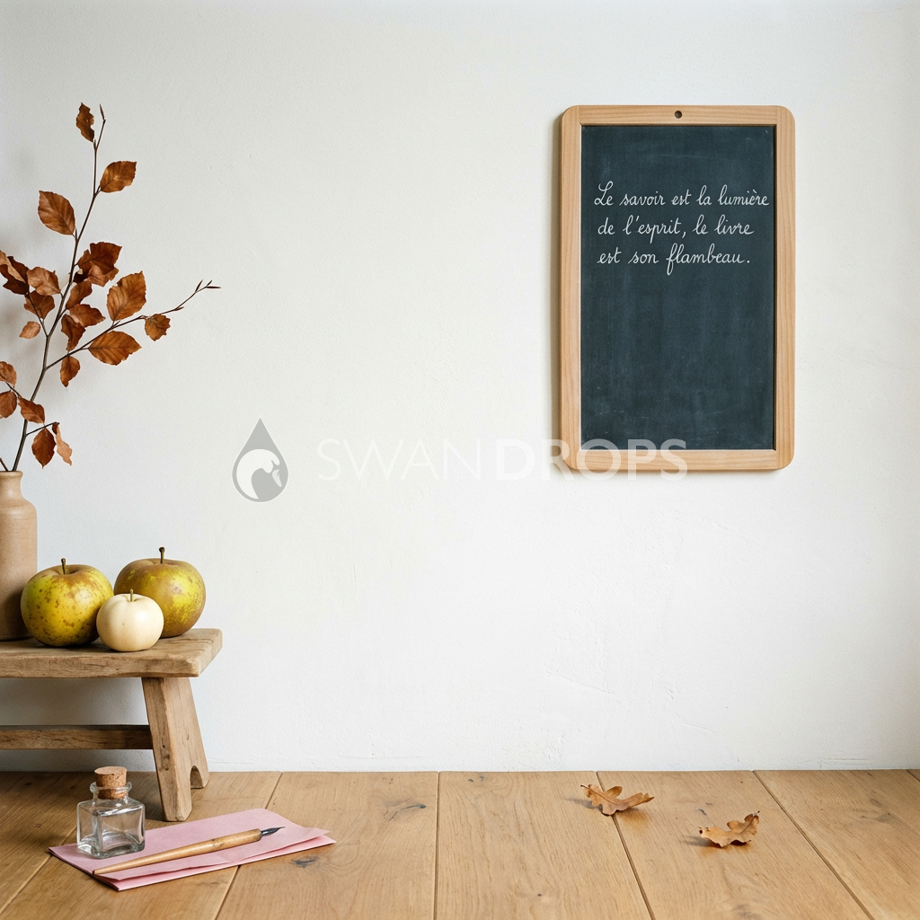 Fond photo Automne pommes encrier minimaliste de la collection Rentrée scolaire 2026 - blanc craie, cuivre, buvard rose - portrait enfant rentrée studieuse