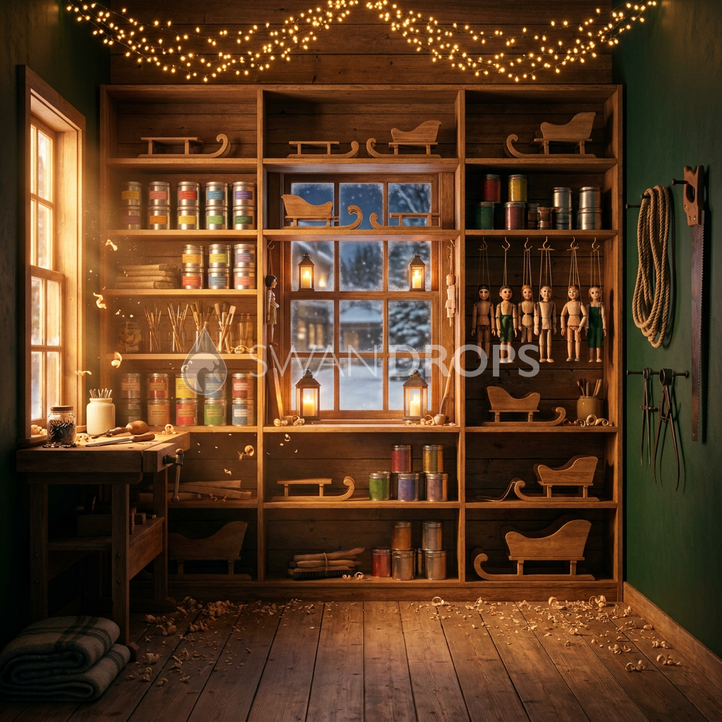 Fond photo Veille du bois de la collection Noël 2026 Maison du père noël V2 - vert sapin, chêne mielé, ivoire - séance enfant narrative