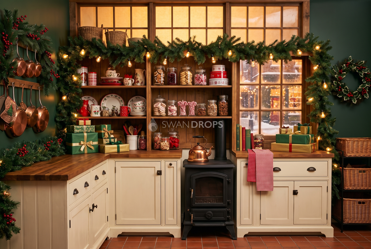 Fond photo Bocaux de Noël de la collection Noël intérieur traditionnel - crème, vert sapin, bocaux - portrait enfant lifestyle Noël
