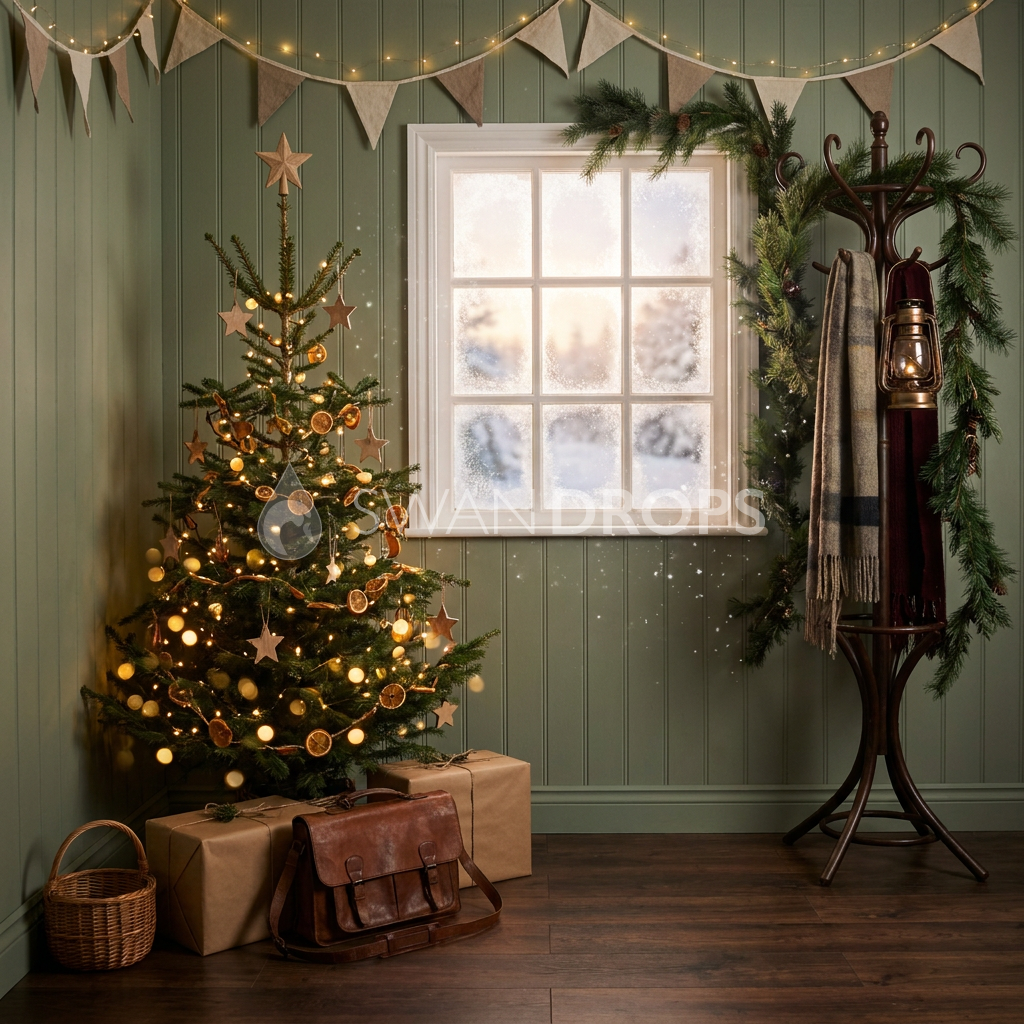 Fond photo Promesse de l'aube de la collection Noël 2026 Maison du père noël V2 - vert sauge, ambre doux - séance newborn portrait enfant Noël