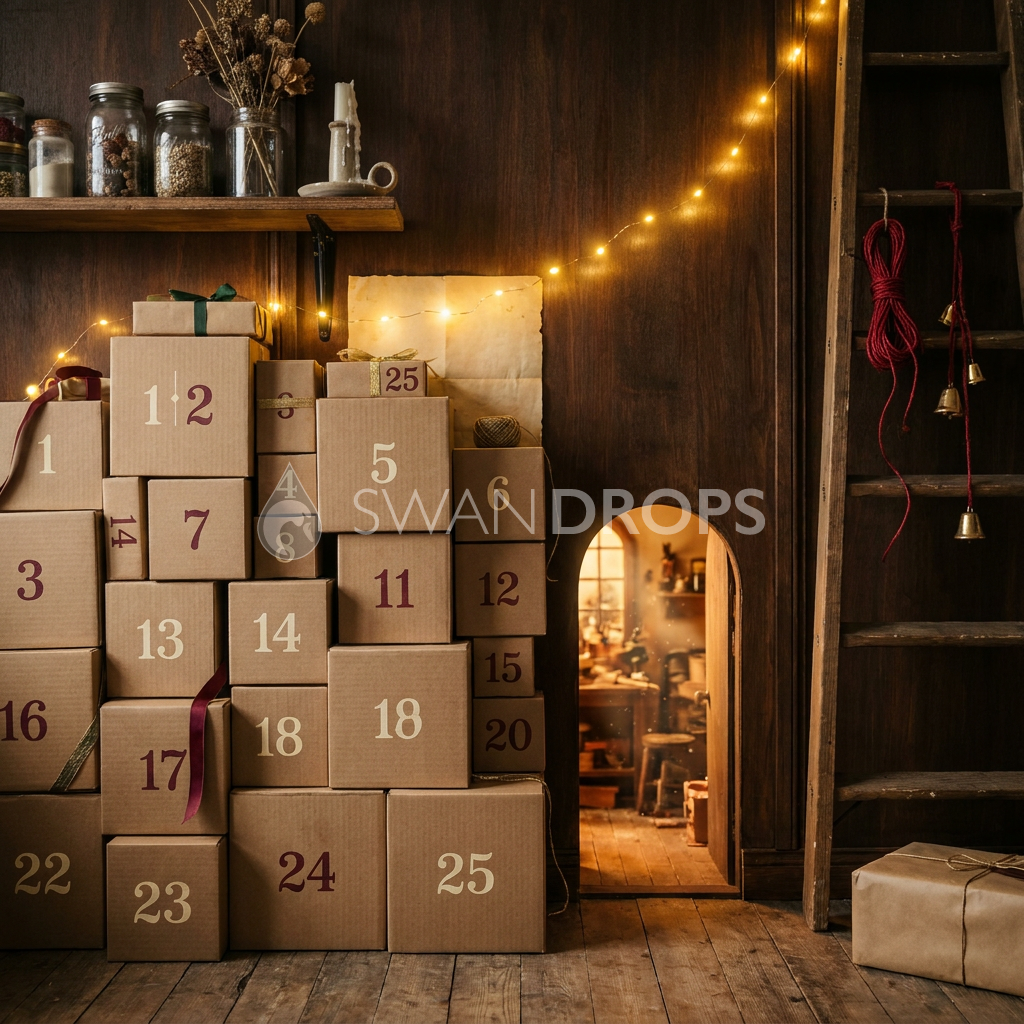 Fond photo Cartonnage et lumiere de la collection Noël 2026 Maison du père noël V2 - kraft, bordeaux, bois ambré - portrait famille rituel de l'avent