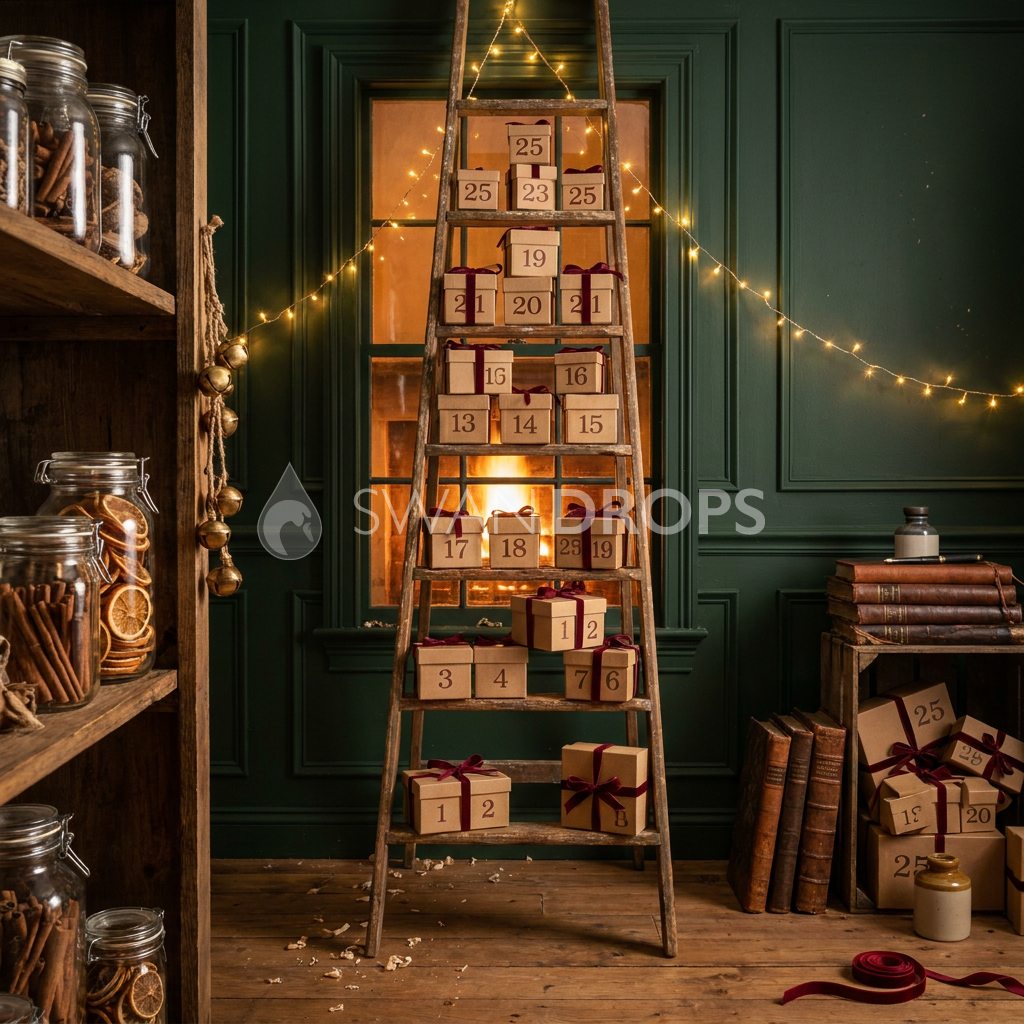 Fond photo Echelle des jours de la collection Noël 2026 Maison du père noël V2 - bois ambré, vert sapin, bordeaux - portrait enfant rituel de l'avent
