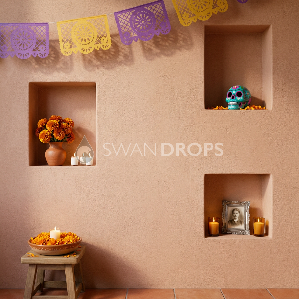 Fond photo Alcôves de cempasúchil de la collection Halloween Mexique - stuc ocre rosé, fleurs de souci - portrait enfant Halloween posé