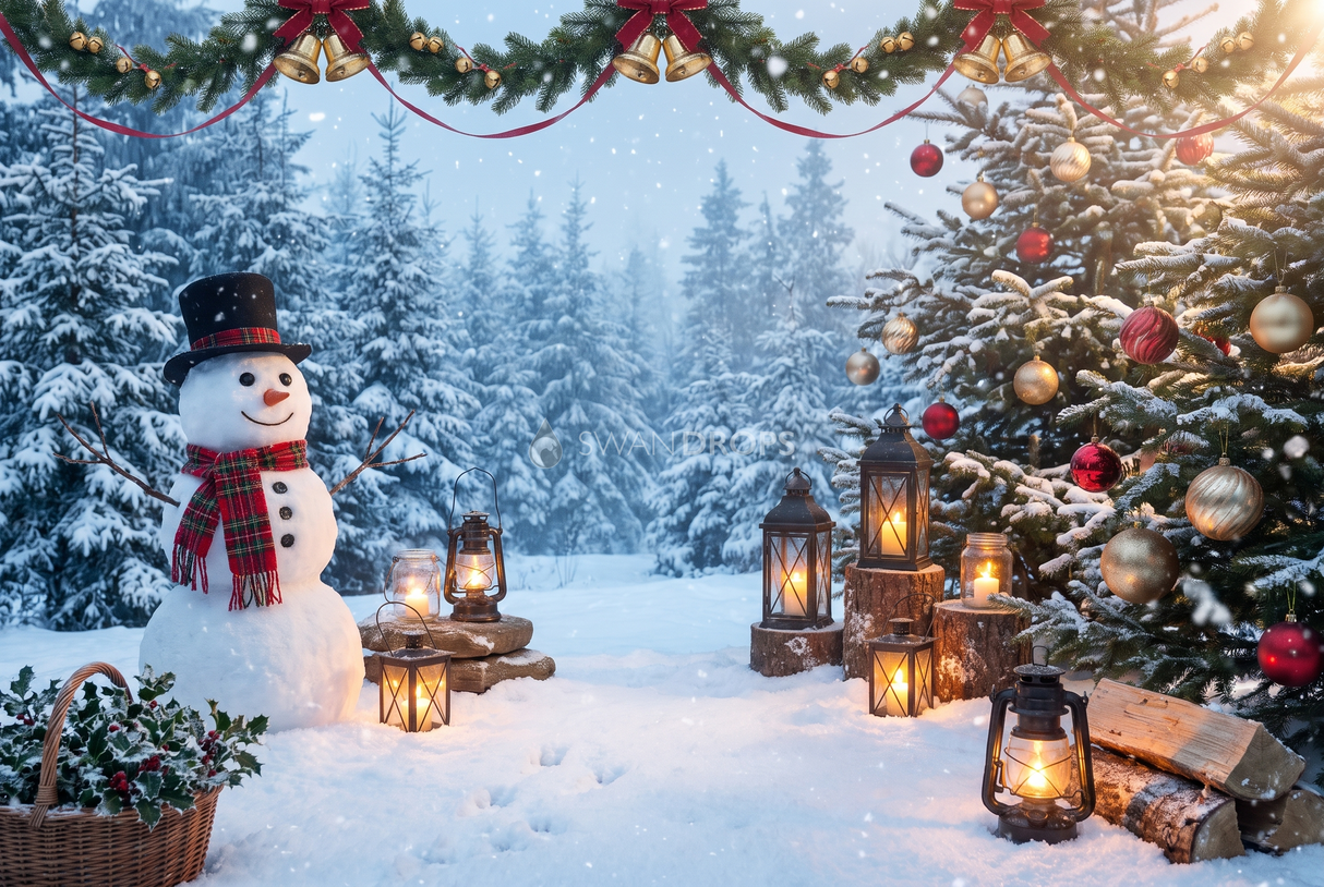 Fond photo Veille des lutins de la collection Noël 2026 extérieur - or chaud, rouge cerise, neige bleutée - séance portrait enfant famille Noël