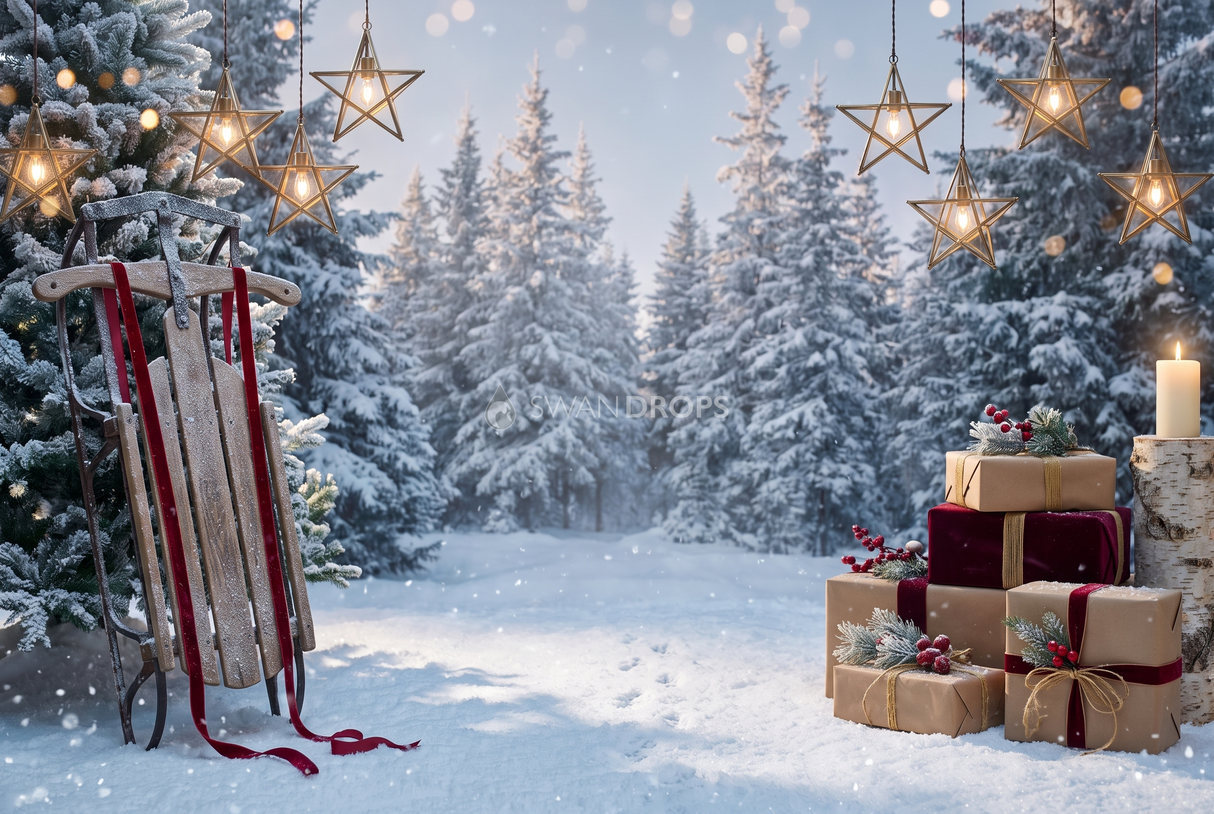 Fond photo Traîneaux de minuit de la collection Noël 2026 extérieur - or chaud, rouge cerise, neige bleutée - séance famille portrait enfant Noël