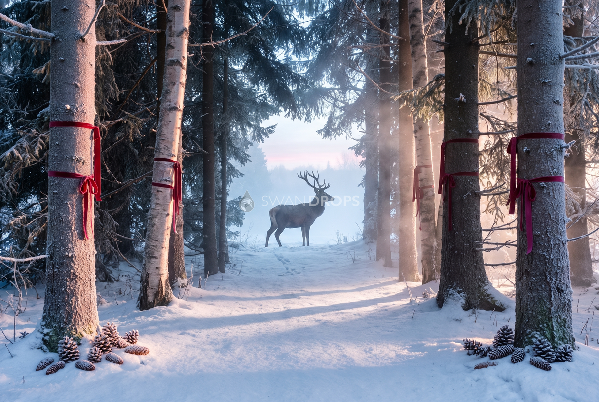 Fond photo Lisière de l'aube de la collection Noël 2026 extérieur - percée lumineuse, sapins, bleu-rose - séance grossesse narrative Noël