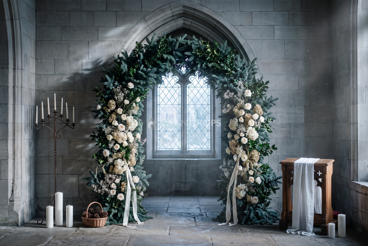 Fond photo Sanctuaire de givre de la collection Arches Noël 2026 - pierre grise, sapin bleuté, roses blanches - portrait Noël solennel