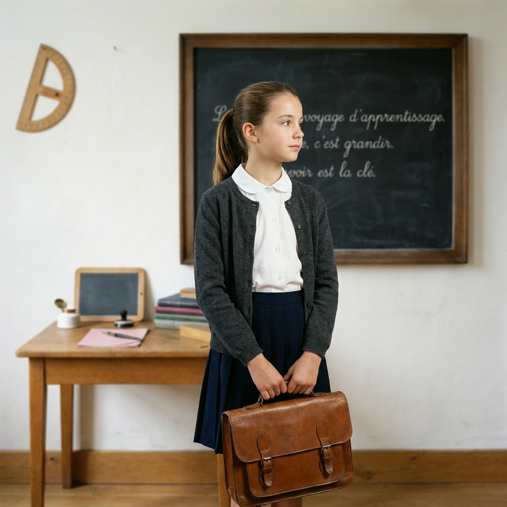 Fond photo Tableau noir latéral pupitre dense de la collection Rentrée scolaire 2026 - chêne miel, blanc craie - portrait enfant rentrée cahiers — mise en situation