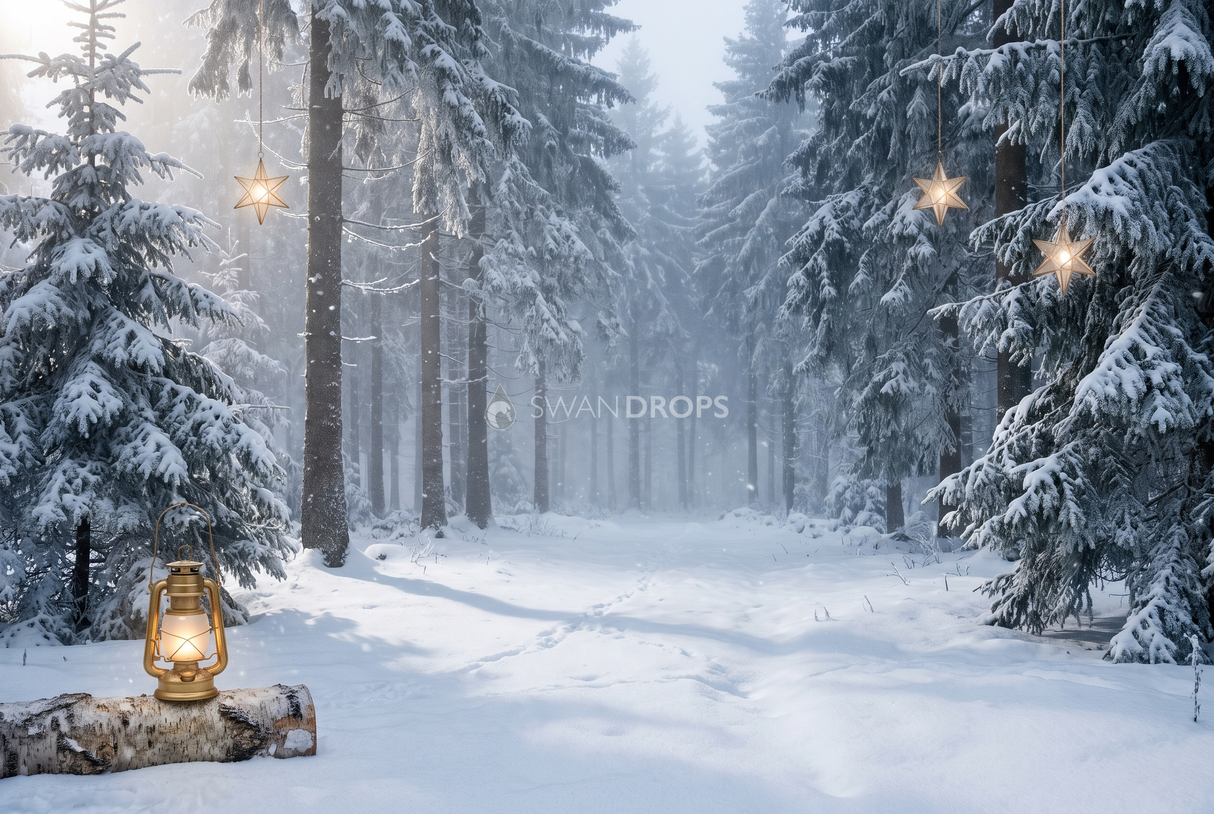 Fond photo Clairière de cristal de la collection Noël 2026 extérieur - sapins enneigés, brume, lanternes dorées - séance grossesse lifestyle