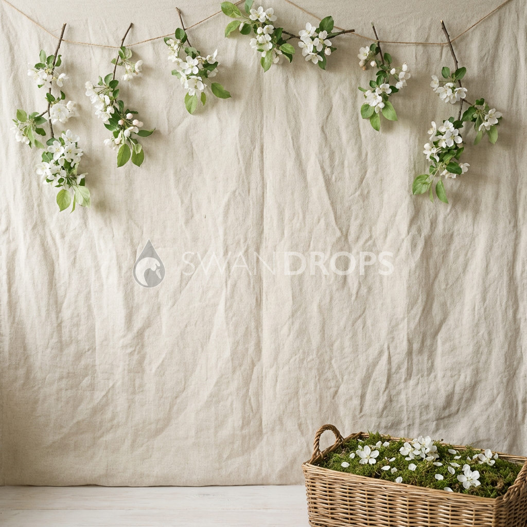 Fond photo Lin écru composition haute asymétrique de la collection Printemps Champêtre 2026 - lin écru, branches fleuries en hauteur - séance grossesse intimiste