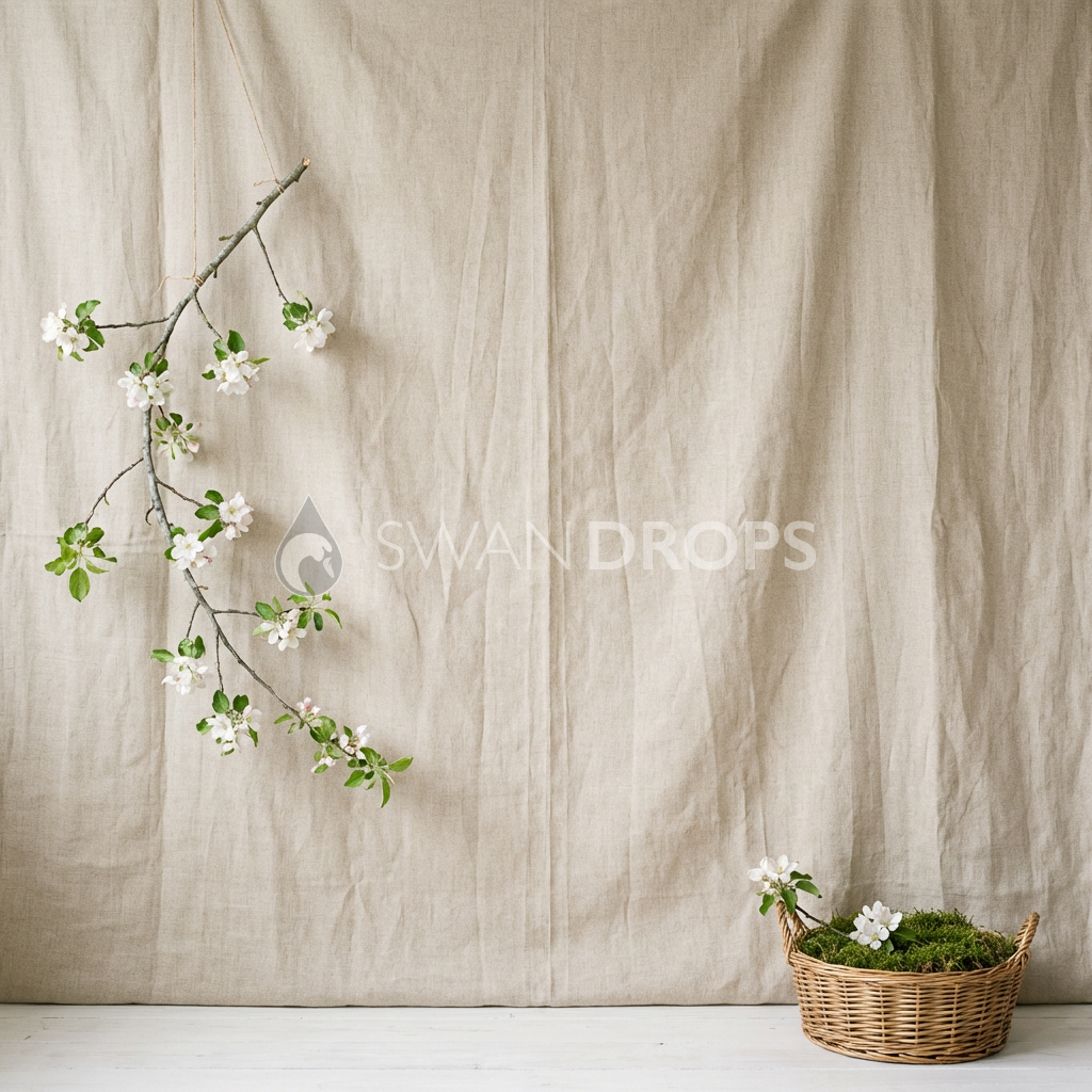 Fond photo Lin nature plis légers branche gauche arc de la collection Printemps Champêtre 2026 - lin naturel, branche en arc - séance grossesse intimiste