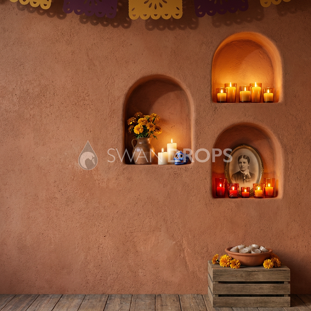 Fond photo Veillées dans les niches de la collection Halloween Mexique - stuc terracotta, bougies votives - portrait enfant Halloween intimiste