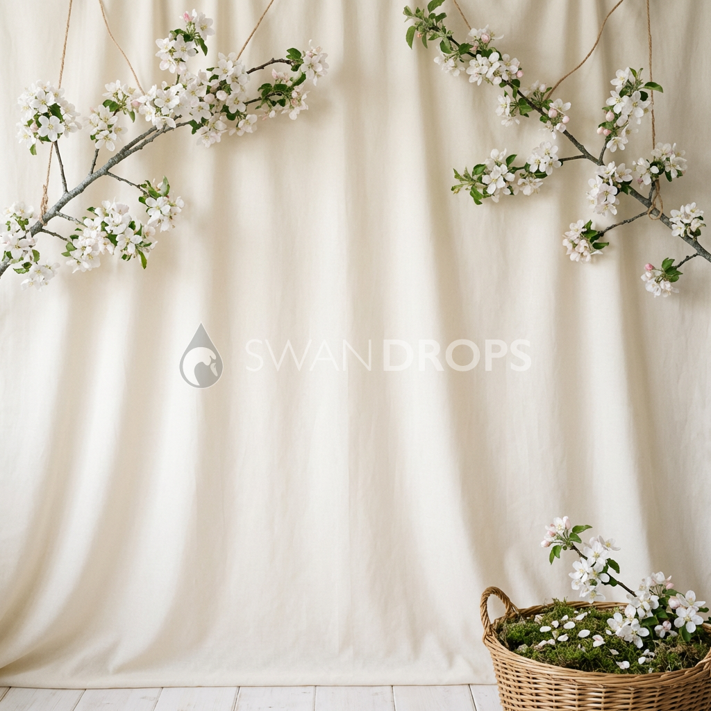Fond photo Lin crème symétrie haute panier droit de la collection Printemps Champêtre 2026 - lin crème, branches symétriques - séance nouveau-né lifestyle