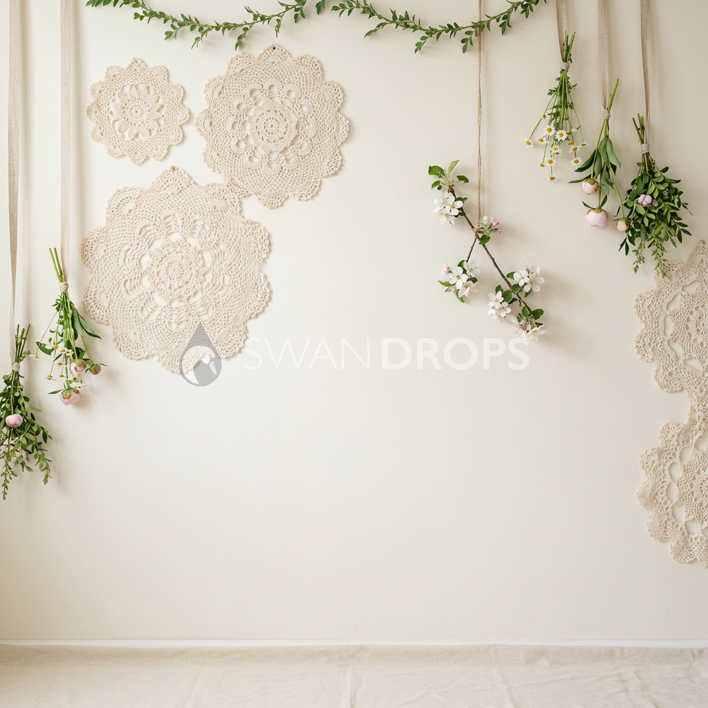 Fond photo Dentelle asymétrique bouquets suspendus de la collection Printemps Champêtre 2026 - crème, dentelle, fleurs aériennes - séance grossesse romantique