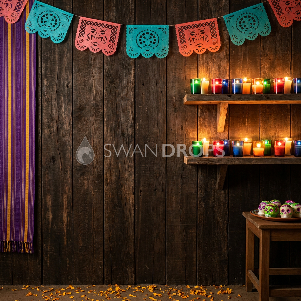 Fond photo Braise et papel de la collection Halloween Mexique - bois espresso, bougies multicolores - portrait couple Halloween festif