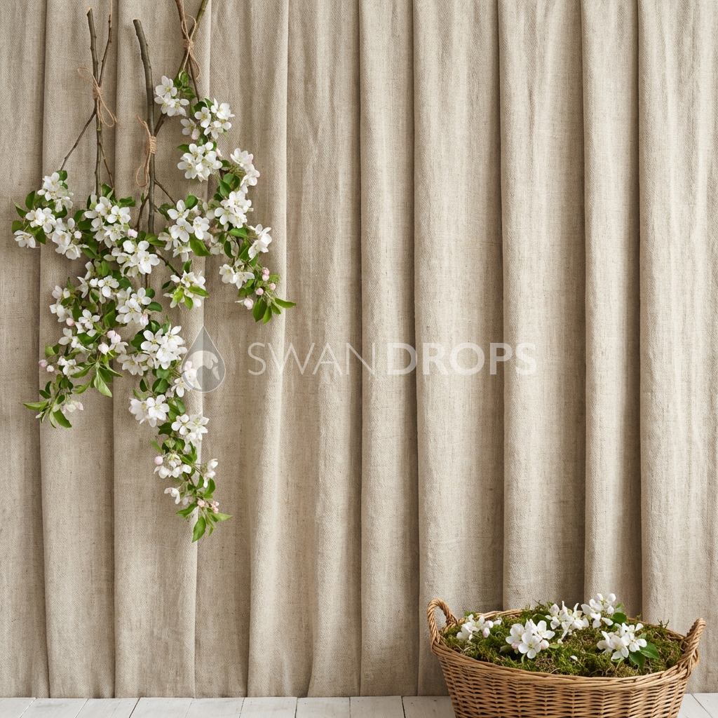 Fond photo Lin nature plis amples branches multiples gauche de la collection Printemps Champêtre 2026 - lin naturel, branches fleuries - séance nouveau-né lifestyle