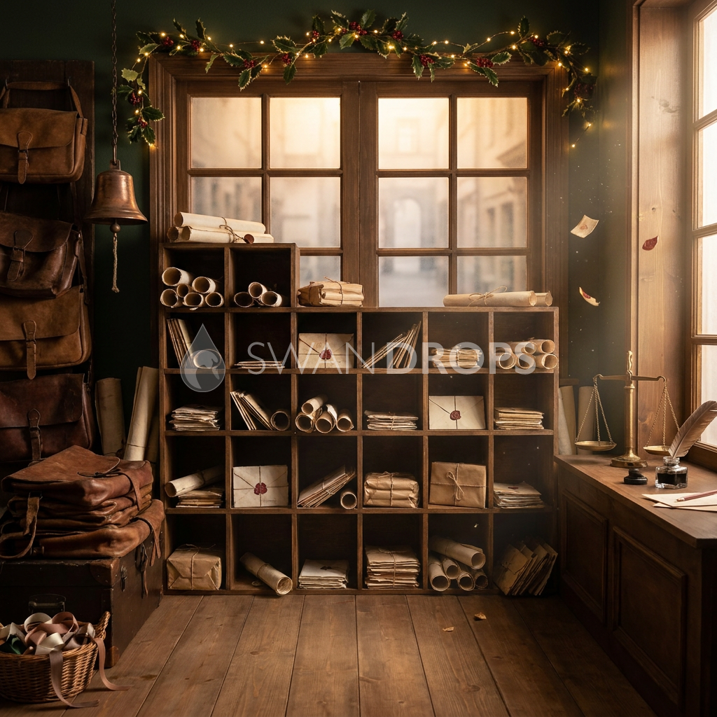 Fond photo Sceaux et parchemins de la collection Noël 2026 Maison du père noël V2 - laiton terni, bordeaux, crème - séance nouveau-né Noël