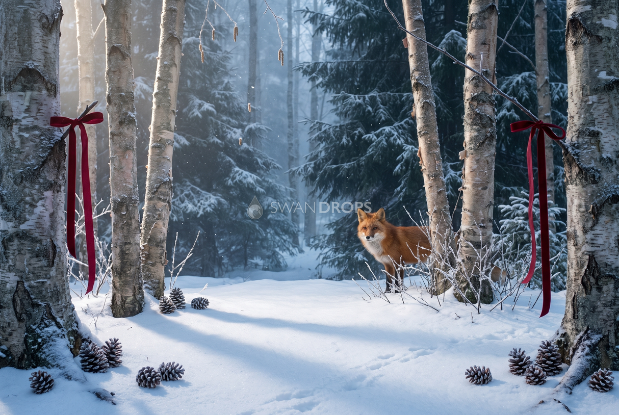 Fond photo Renard des neiges de la collection Noël 2026 extérieur - bouleaux, brume, tons froids - séance enfant Noël forêt