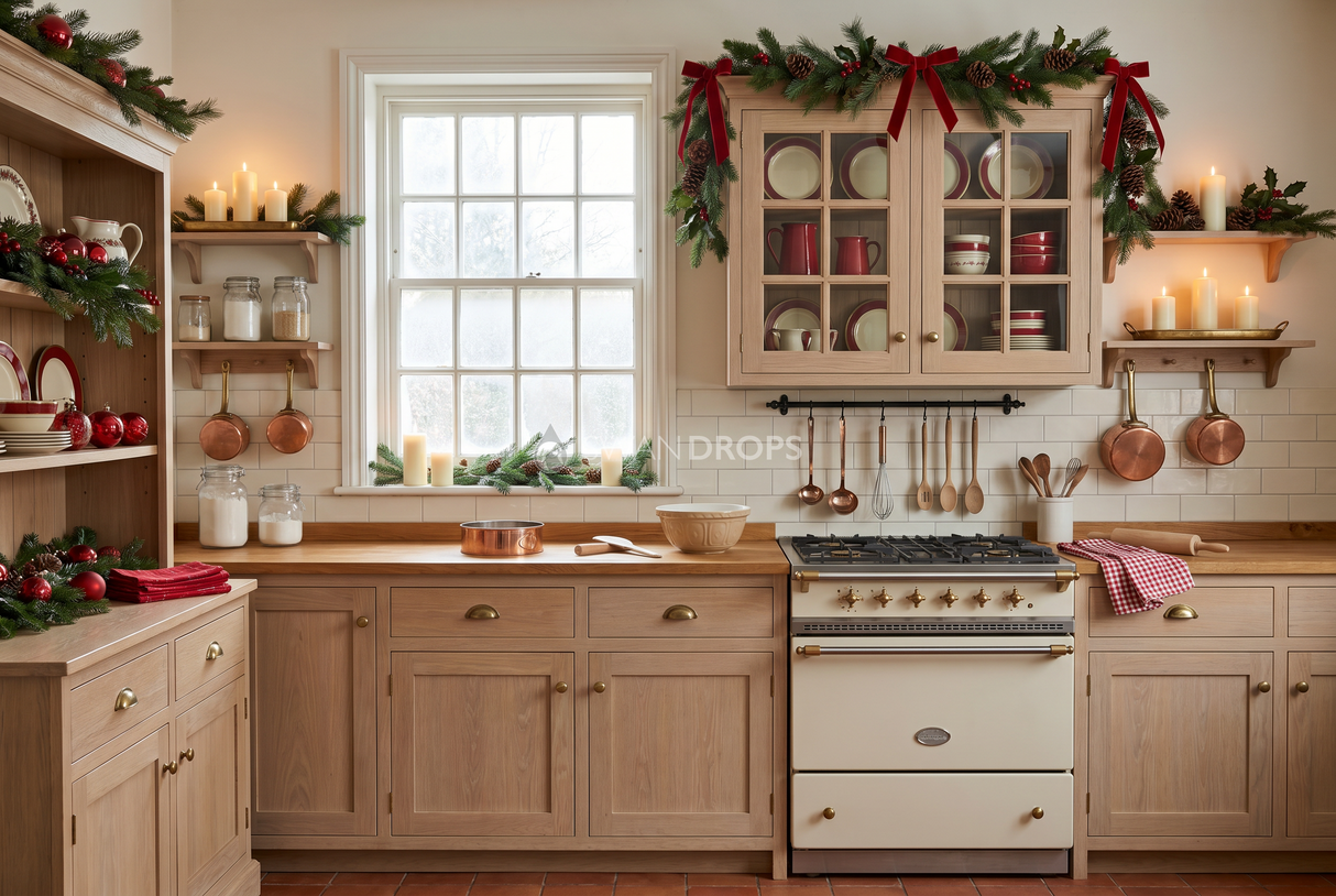 Fond photo Promesse de faïence de la collection Noel cuisine 2026 - chêne clair, garnet rouge - séance famille Noël