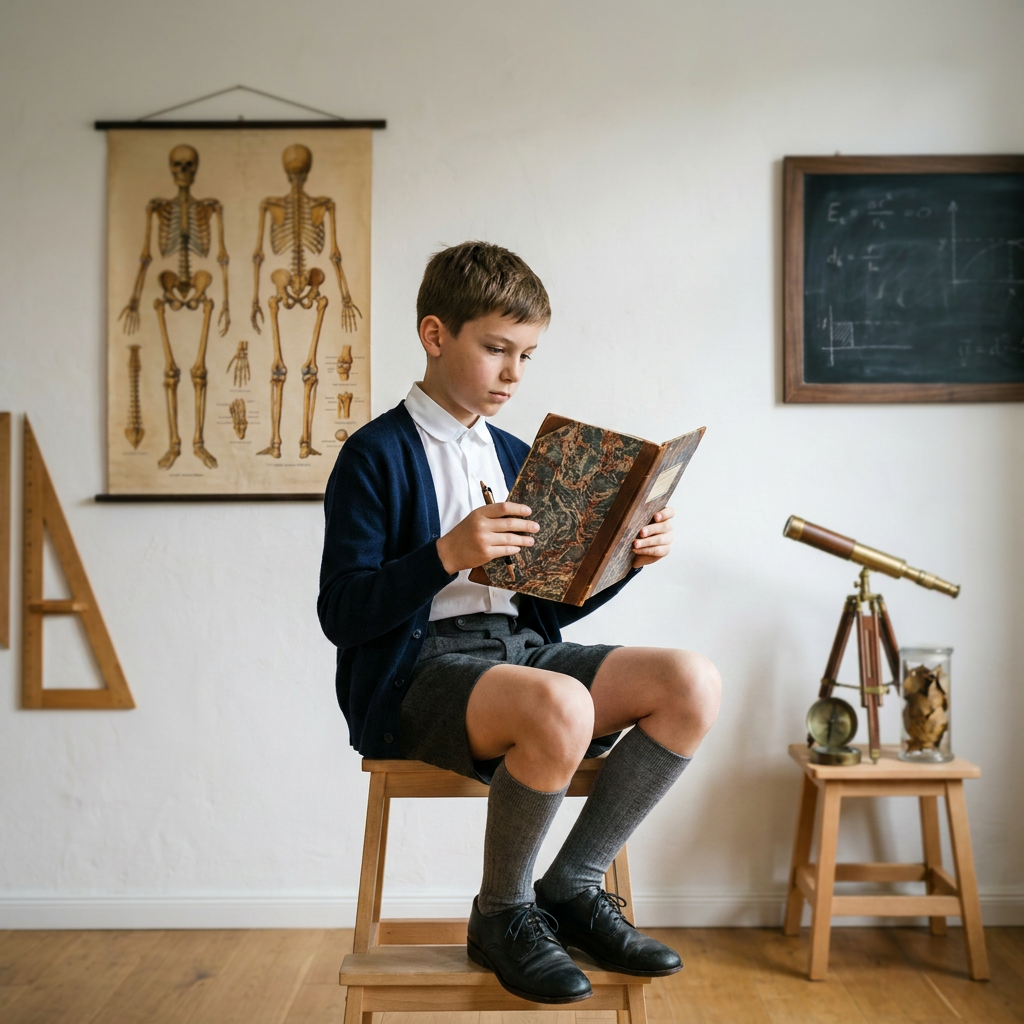 Fond photo Carte anatomie instruments laiton de la collection Rentrée scolaire 2026 - blanc chaux, sépia et laiton - portrait enfant thème sciences — mise en situation