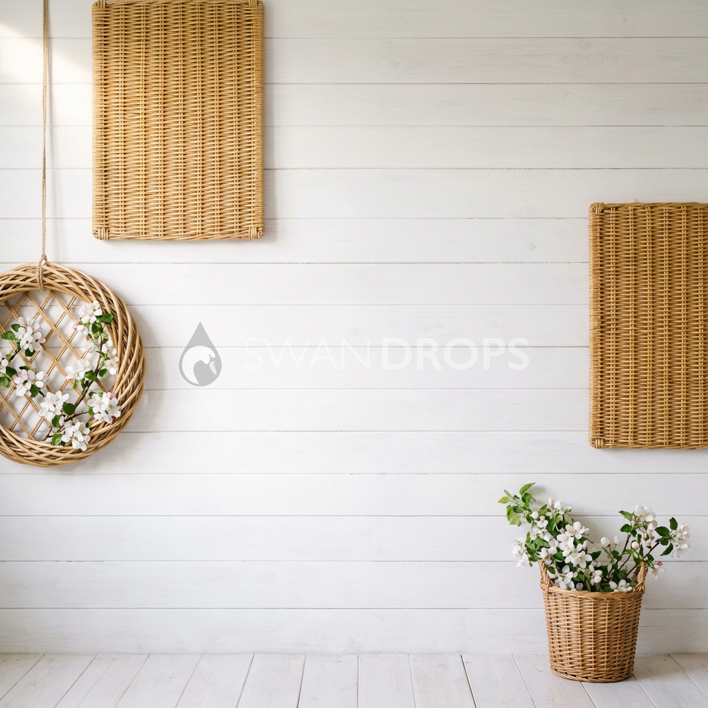 Fond photo Vannerie asymétrique branches de la collection Printemps Champêtre 2026 - beige-miel, osier, fleurs de pommier - séance nouveau-né en panier