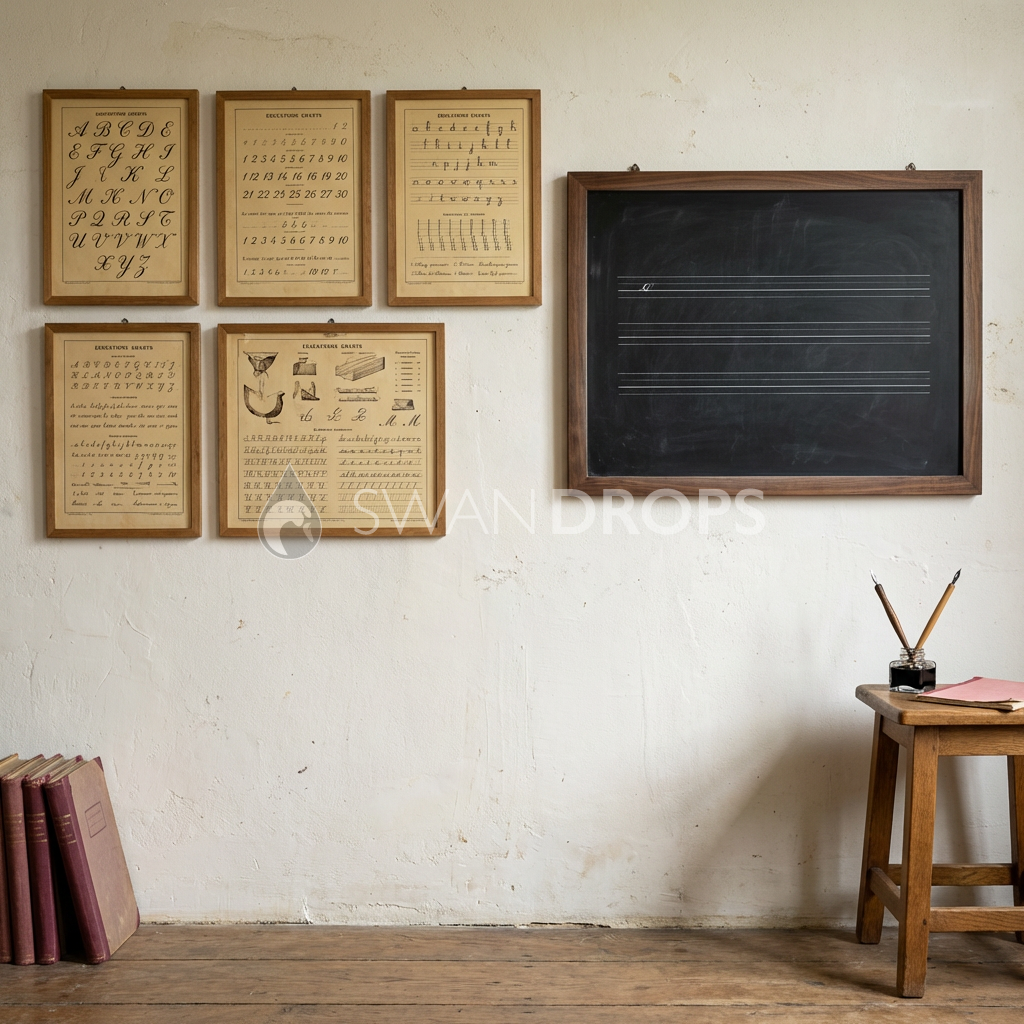 Fond photo Planches calligraphie encrier droit de la collection Rentrée scolaire 2026 - planches Deyrolle, ardoise, noyer - portrait enfant séance calligraphie