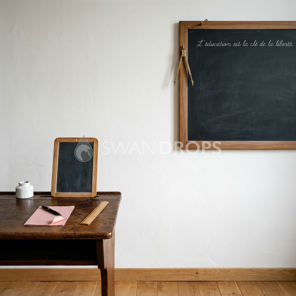 Fond photo Pupitre chêne foncé tableau droit de la collection Rentrée scolaire 2026 - chêne foncé, blanc cassé - portrait enfant rentrée scolaire