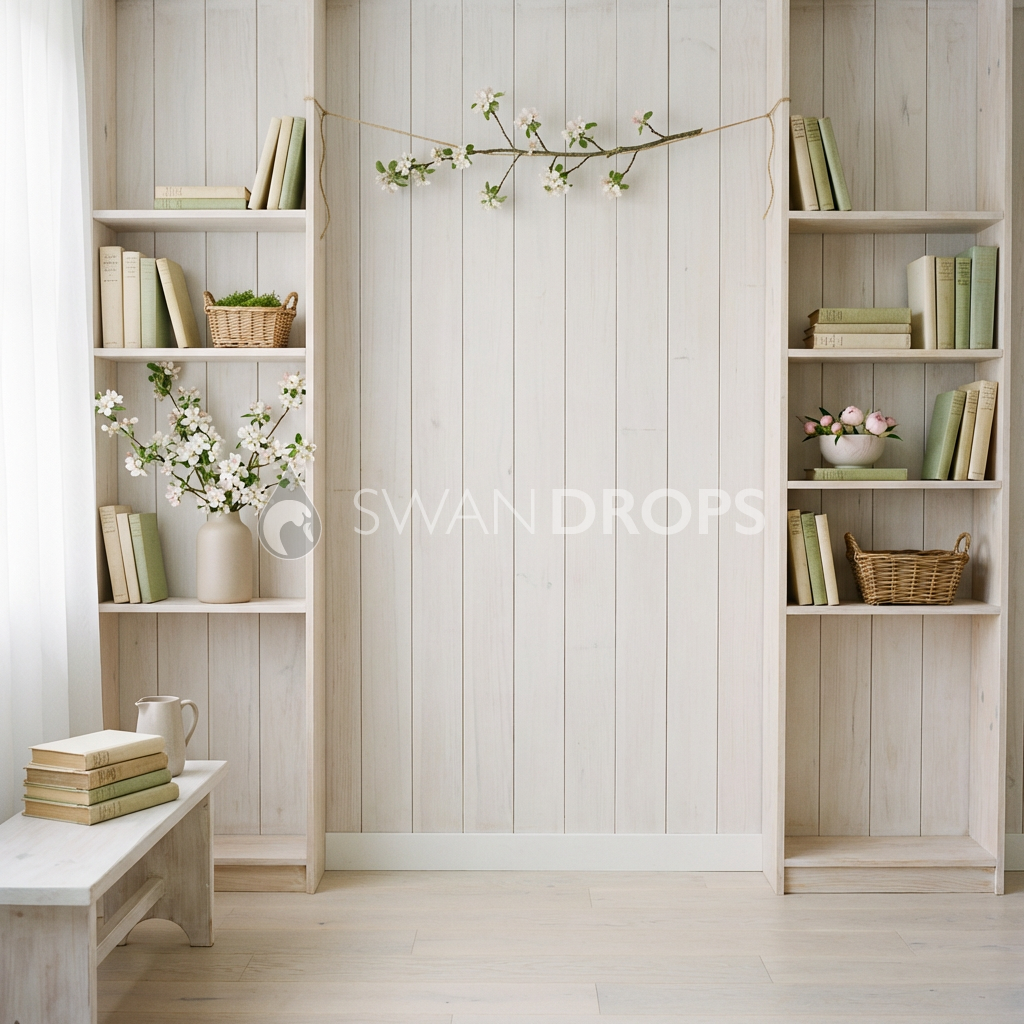 Fond photo Double colonne livres bouquets de la collection Printemps Champêtre 2026 - crème, rose poudré, livres - portrait famille lifestyle