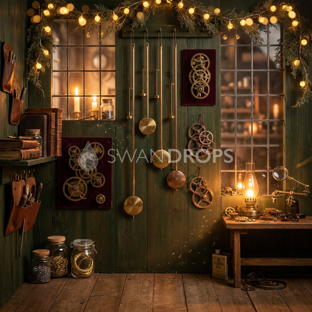 Fond photo Balancier de cuivre de la collection Noël 2026 Maison du père noël V2 - laiton patiné, bois ambré - séance bébé Noël atelier