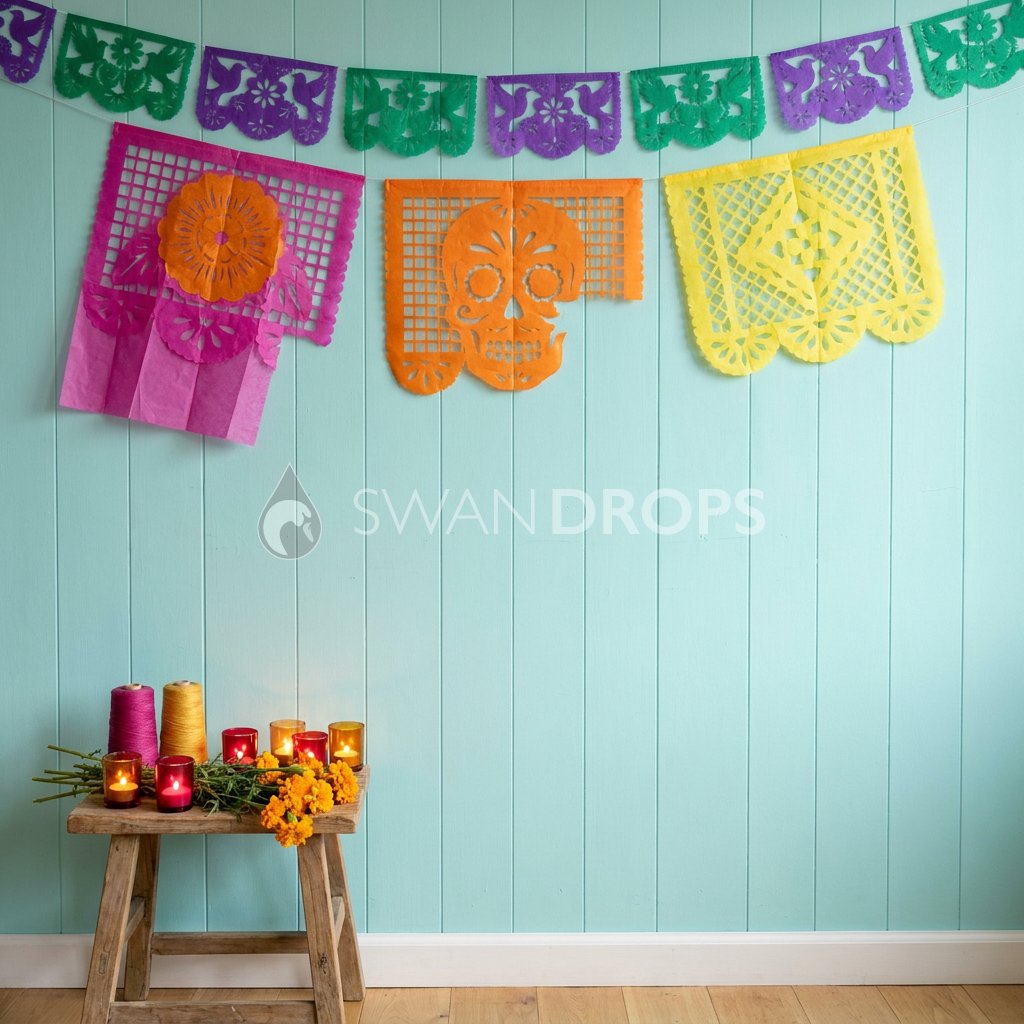 Fond photo Souffle de l'artisan de la collection Halloween Mexique - turquoise pâle, papel picado fuchsia orange - portrait nouveau-né enfant