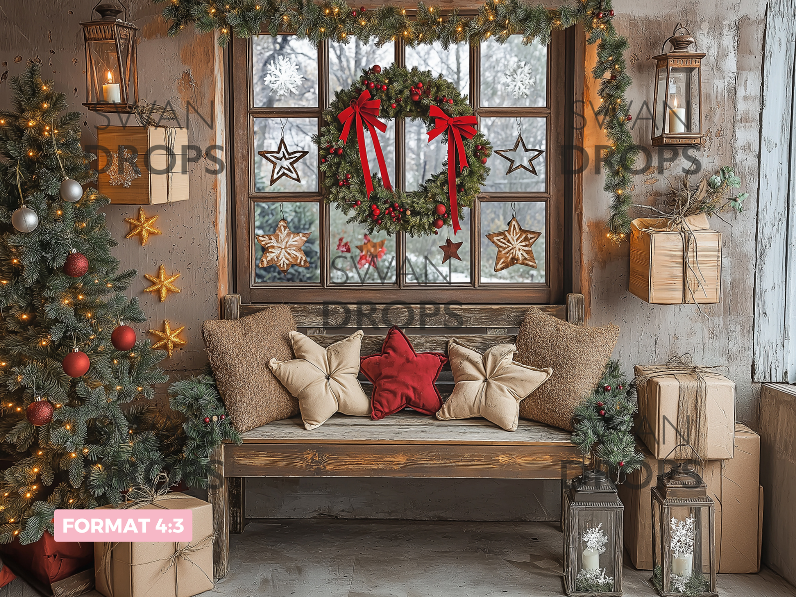 Fond photo décor de Noël en studio L'atelier du Père Noël