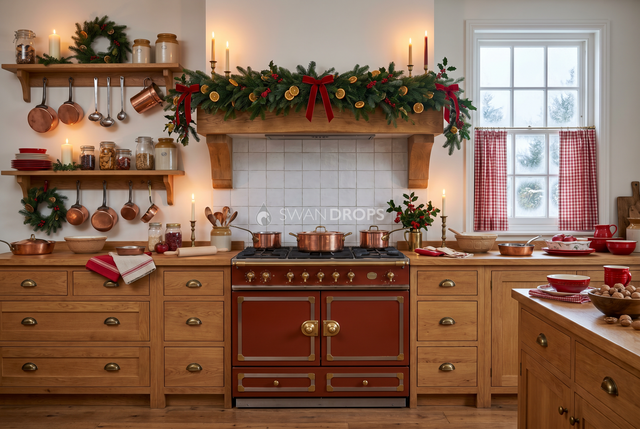 Fond photo Cuivre et sapin de la collection Noel cuisine 2026 - rouge brique, chêne, cuivre - portrait enfant Noël