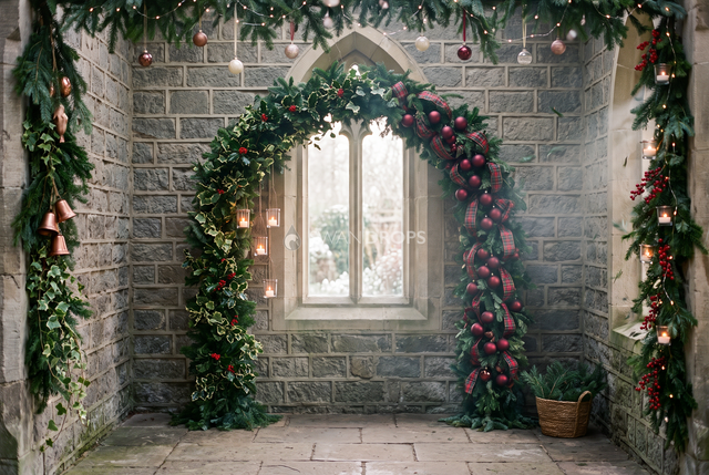 Fond photo Jardin de décembre de la collection Arches Noël 2026 - moellons anciens, photophores - séance enfant Noël parisien