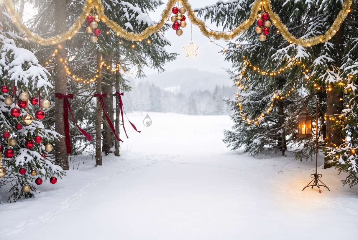 Fond photo Chant du givre de la collection Noël 2026 extérieur - guirlandes dorées, neige bleutée - séance famille lifestyle Noël