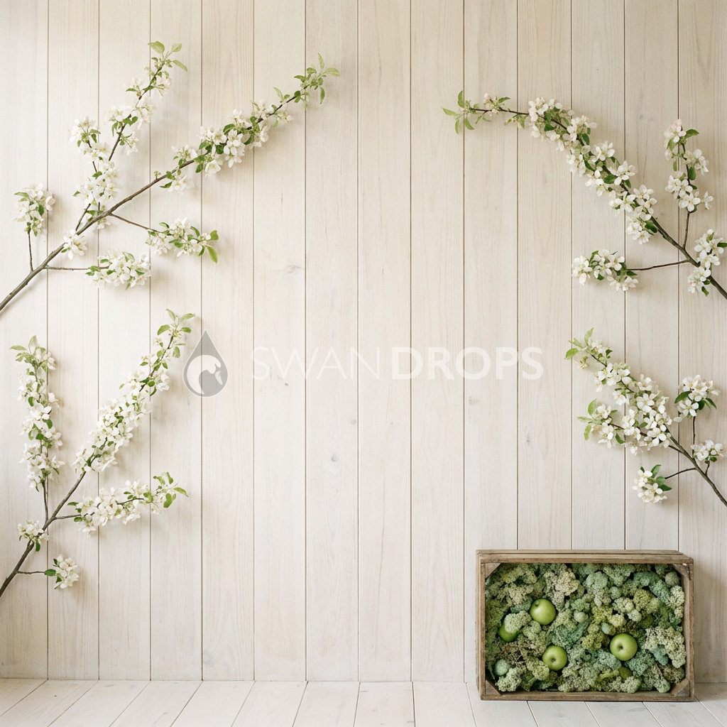 Fond photo Verger équilibre latéral mousse droite de la collection Printemps Champêtre 2026 - bois blanchi, branches équilibrées, mousse - séance nouveau-né maternité