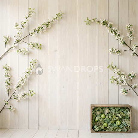 Fond photo Verger équilibre latéral mousse droite de la collection Printemps Champêtre 2026 - bois blanchi, branches équilibrées, mousse - séance nouveau-né maternité