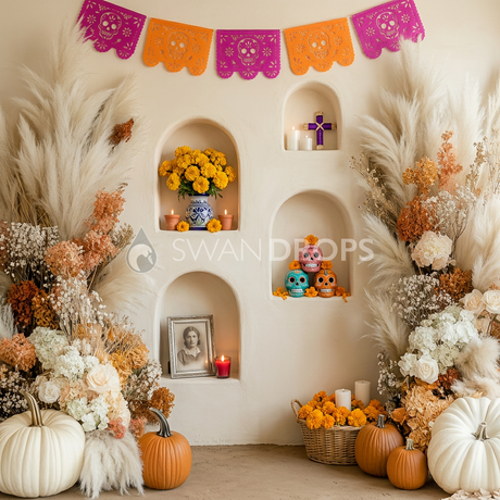 Fond photo Sanctuaire de tagetes de la collection Halloween Mexique - adobe blanc cassé, niches fleuries - portrait enfant Halloween sobre