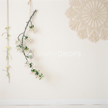 Fond photo Minimaliste dentelle unique branche de la collection Printemps Champêtre 2026 - crème épuré, napperon, branche pommier - séance grossesse intimiste