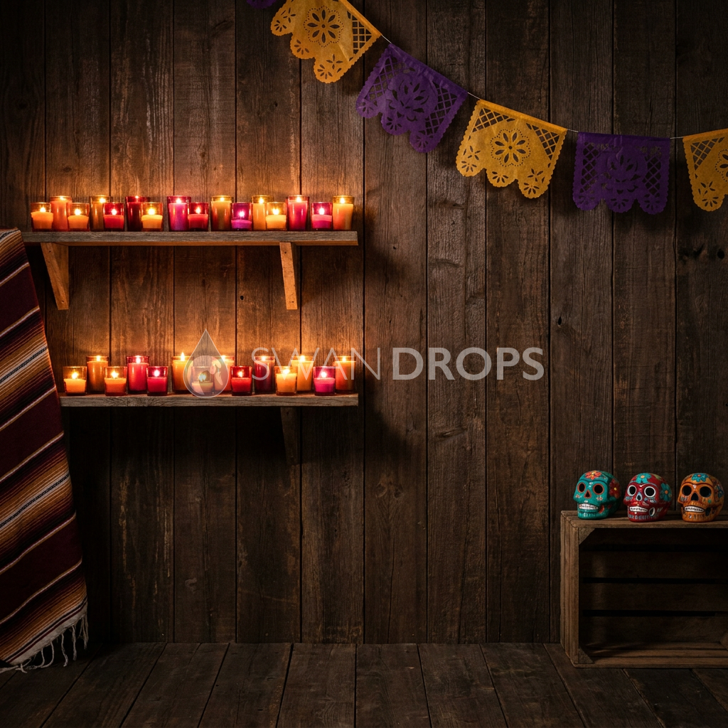 Fond photo Lueur du mercado de la collection Halloween Mexique - bois brut, bougies votives oranges - portrait enfant Halloween intimiste