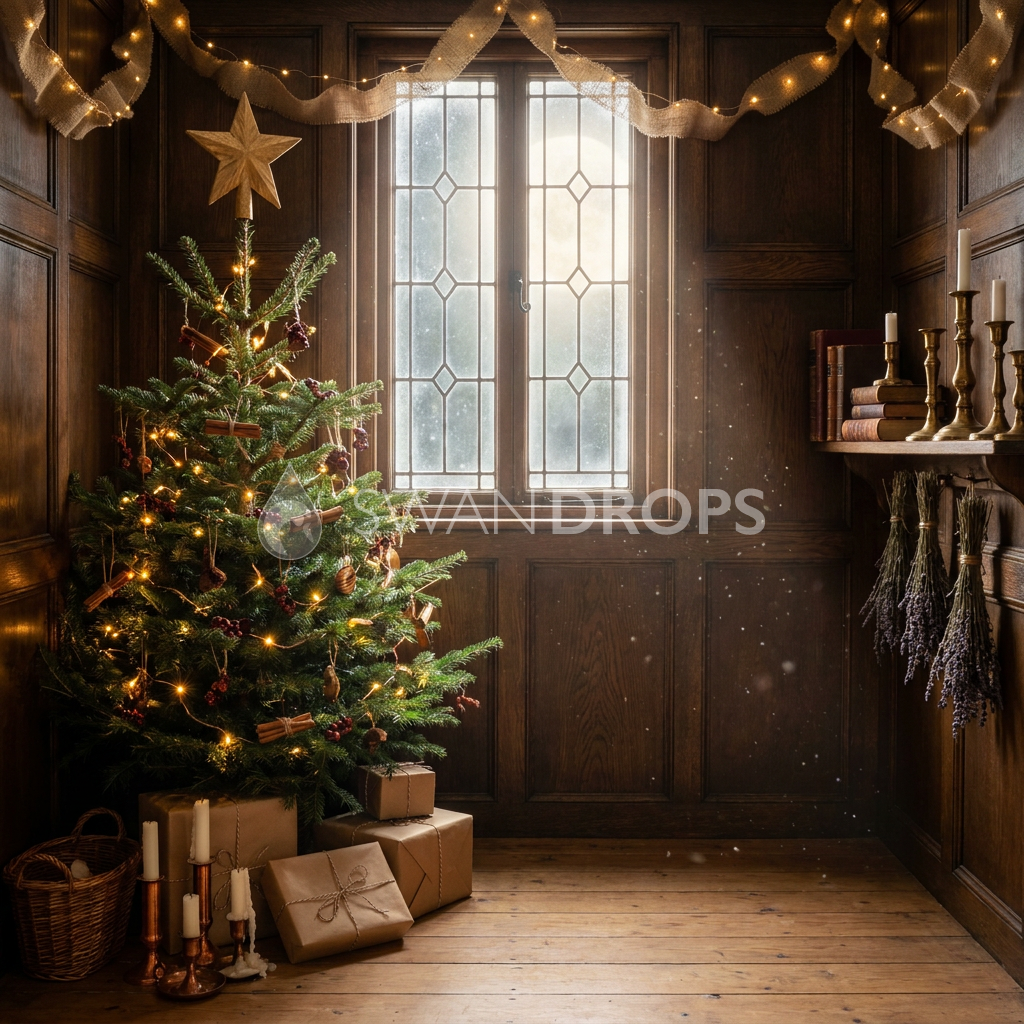 Fond photo Étoile et cire de la collection Noël 2026 Maison du père noël V2 - vert profond, bois miel - séance newborn portrait enfant Noël