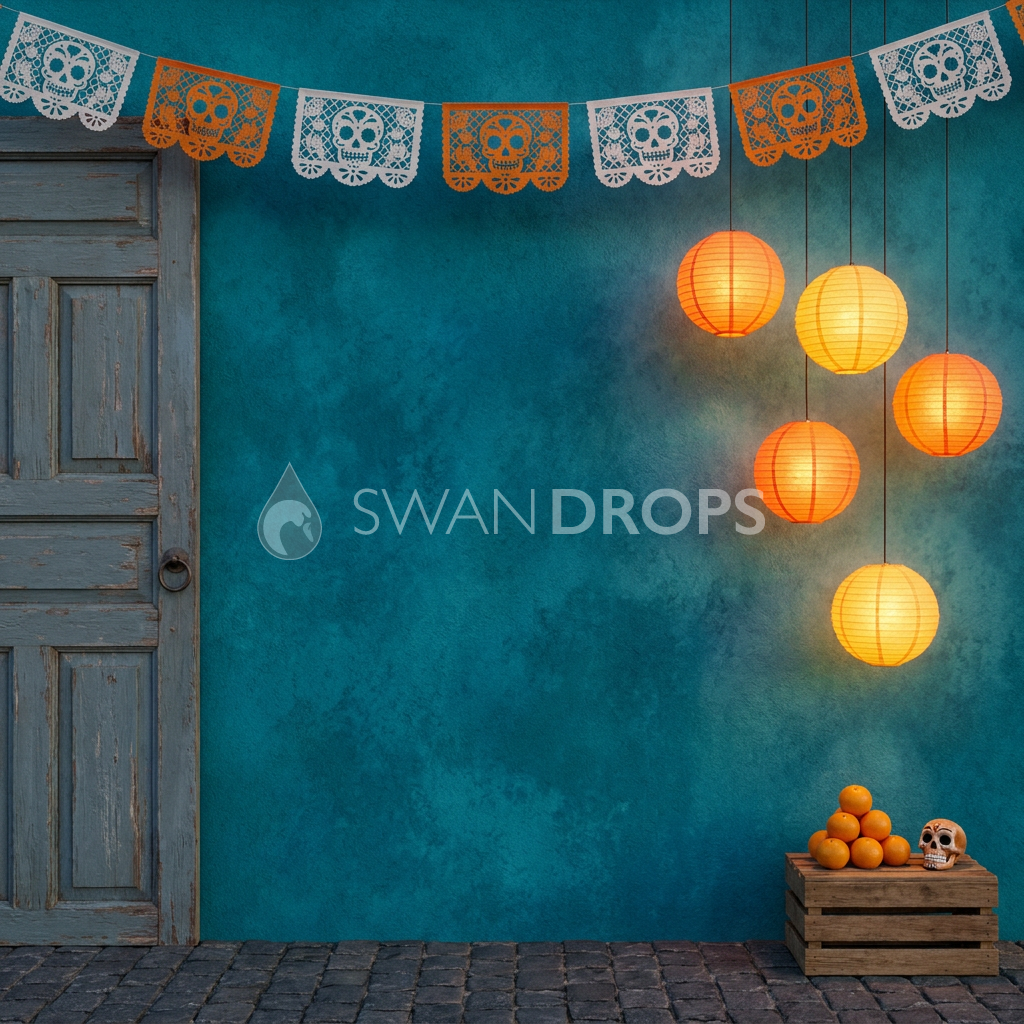 Fond photo Façade au crépuscule de la collection Halloween Mexique - turquoise profond, lampions crépuscule - séance lifestyle famille