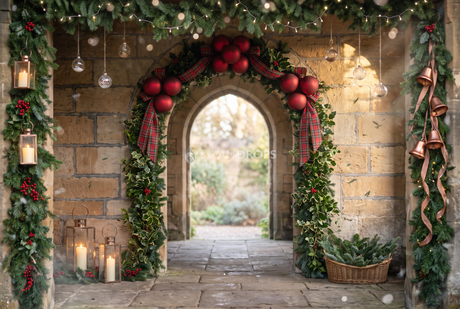 Fond photo Veille de gel de la collection Arches Noël 2026 - grès ancienne, arche sapin et houx - séance famille Noël romantique