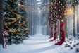 Fond photo Eclat des rubans de la collection Noël 2026 extérieur - rouge cerise, or chaud, vert sapin - séance famille Noël