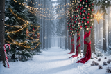 Fond photo Eclat des rubans de la collection Noël 2026 extérieur - rouge cerise, or chaud, vert sapin - séance famille Noël