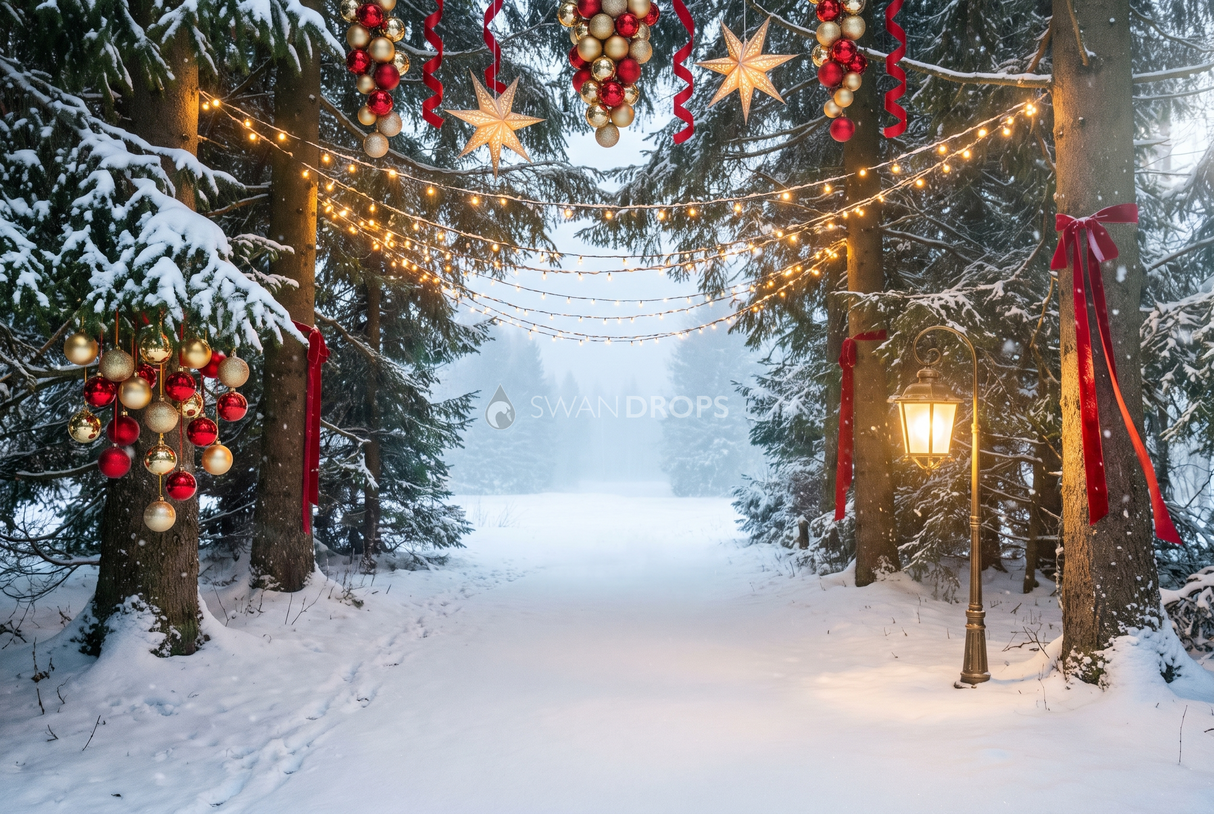 Fond photo Passage des étoiles de la collection Noël 2026 extérieur - guirlandes en arcs, brume bleutée - séance famille Noël