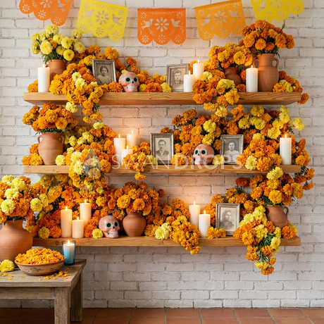 Fond photo Jardin des défunts de la collection Halloween Mexique - orangé floral, brique blanchie - portrait Halloween famille