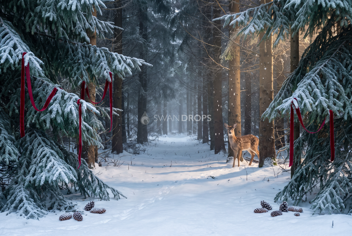 Fond photo Sentier du faon de la collection Noël 2026 extérieur - sapins, lumière rasante, vert profond - séance enfant Noël forêt