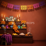 Fond photo Promesse des aïeux de la collection Halloween Mexique - orangé, magenta, calaveras - portrait enfant costumé Halloween