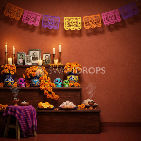 Fond photo Promesse des aïeux de la collection Halloween Mexique - orangé, magenta, calaveras - portrait enfant costumé Halloween
